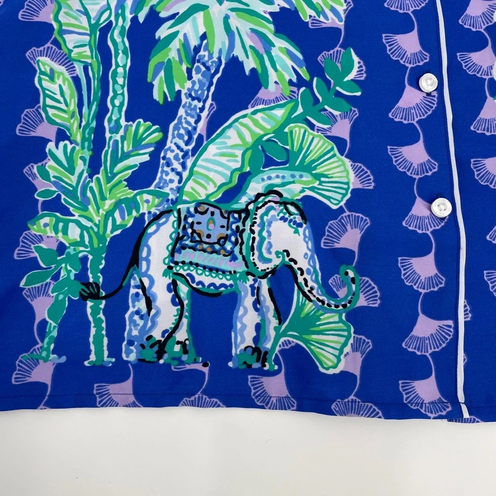 Lilly Pulitzer Winona PJ Top M Ginkgo Party Blue Purple Silky Satin Pajama Shirt